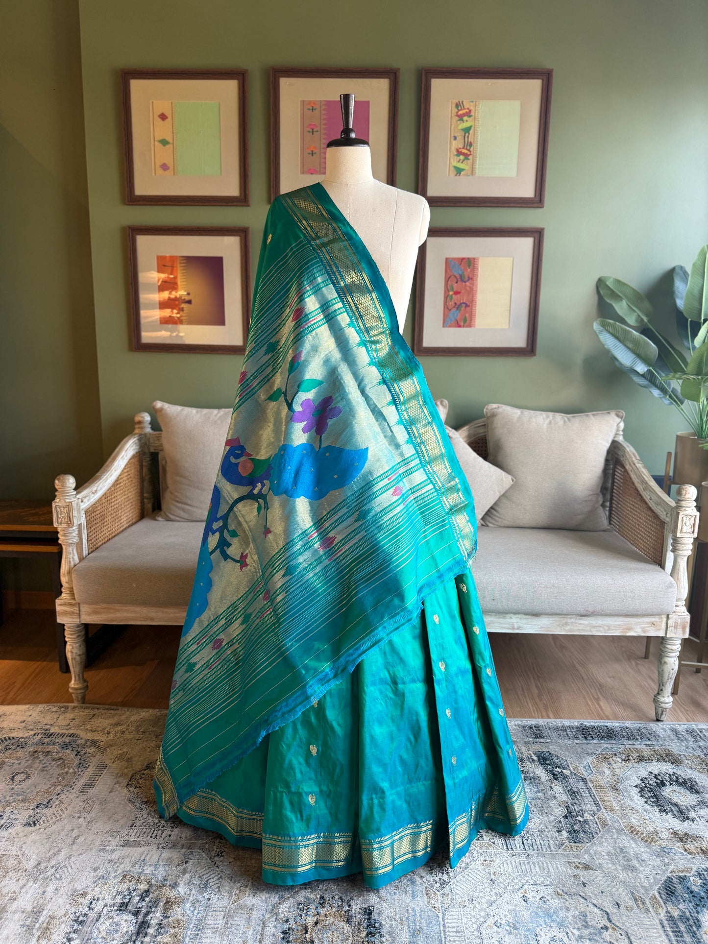 Turquoise Paithani with Large Peacock Pallu