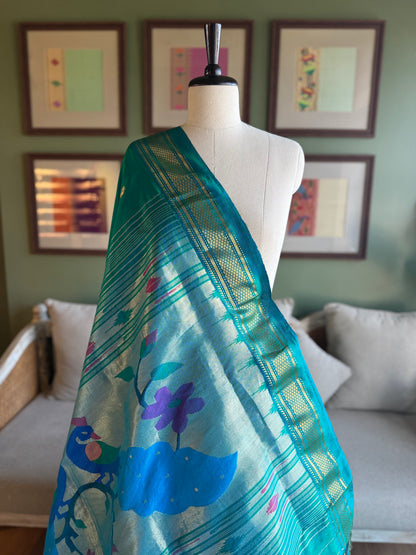 Turquoise Paithani with Large Peacock Pallu