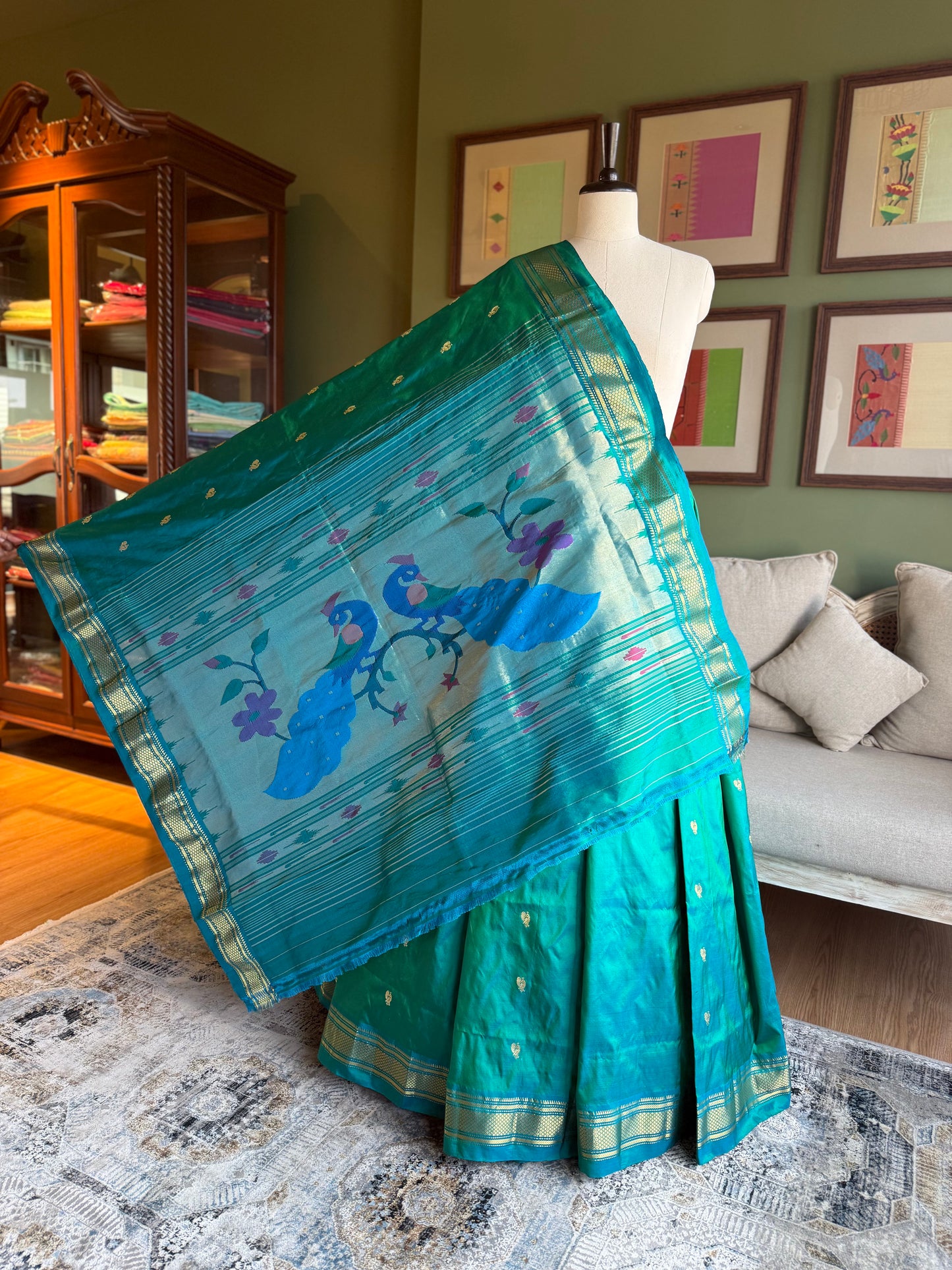 Turquoise Paithani with Large Peacock Pallu