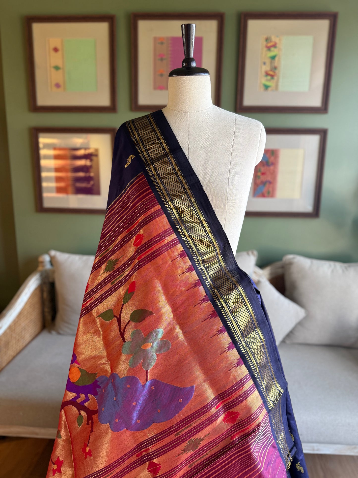 Ink Blue Paithani with Large Peacock Pallu