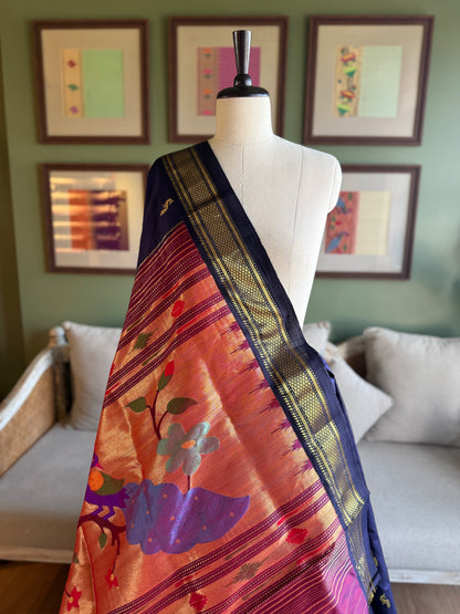 Ink Blue Paithani with Large Peacock Pallu