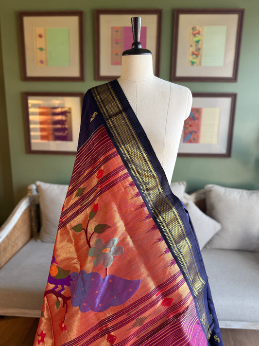 Ink Blue Paithani with Large Peacock Pallu