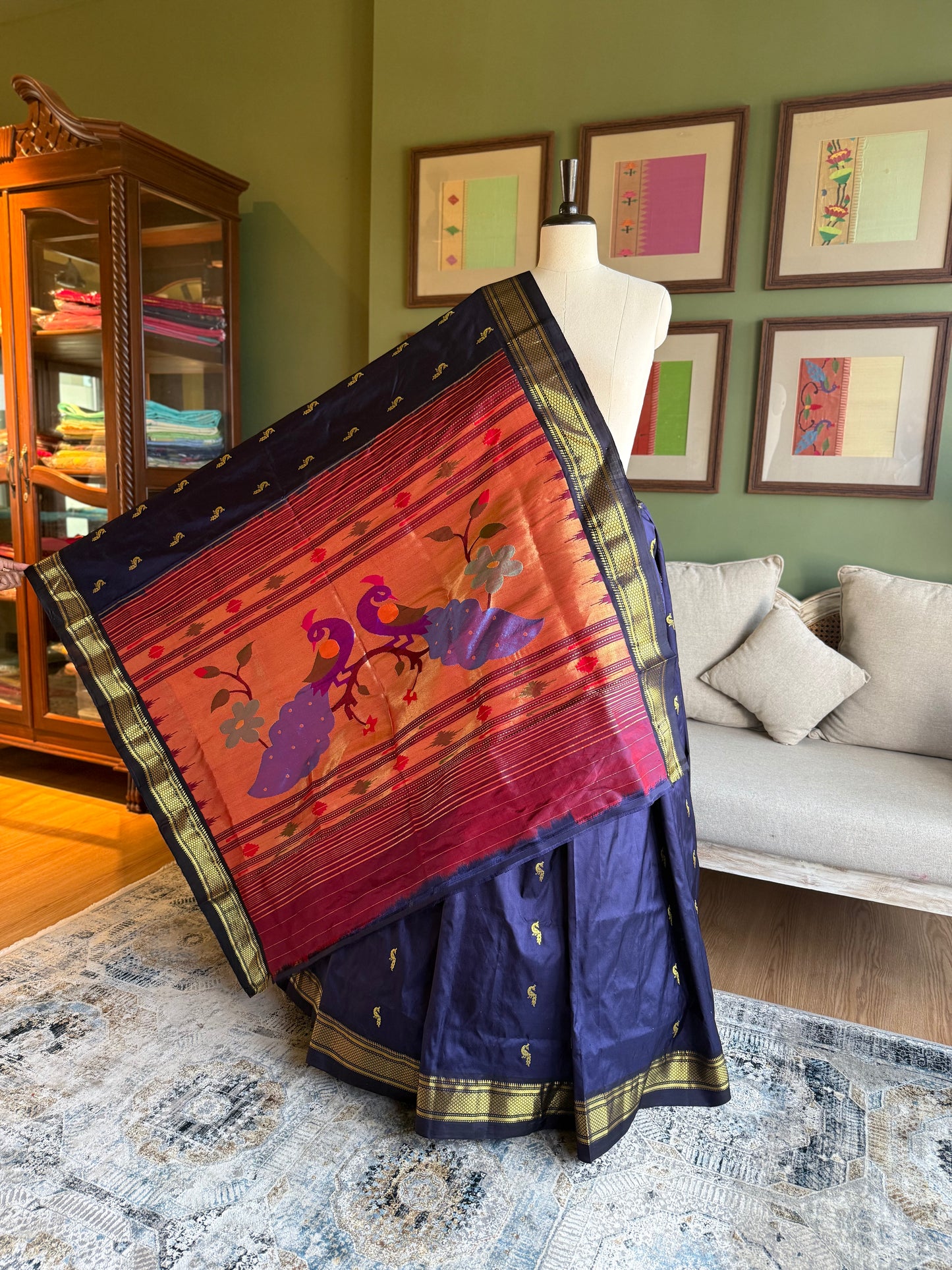 Ink Blue Paithani with Large Peacock Pallu