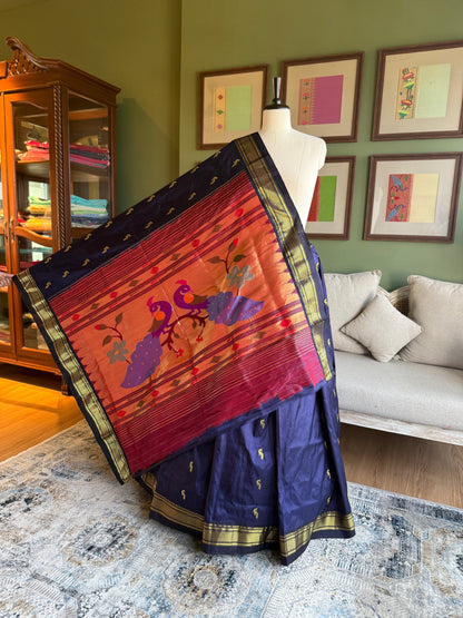 Ink Blue Paithani with Large Peacock Pallu
