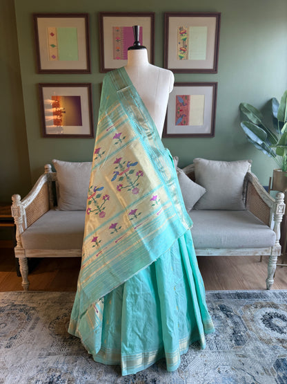 Light Blue Paithani with Peacock & Asavali Pallu