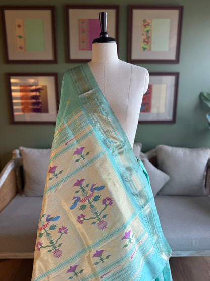 Light Blue Paithani with Peacock & Asavali Pallu