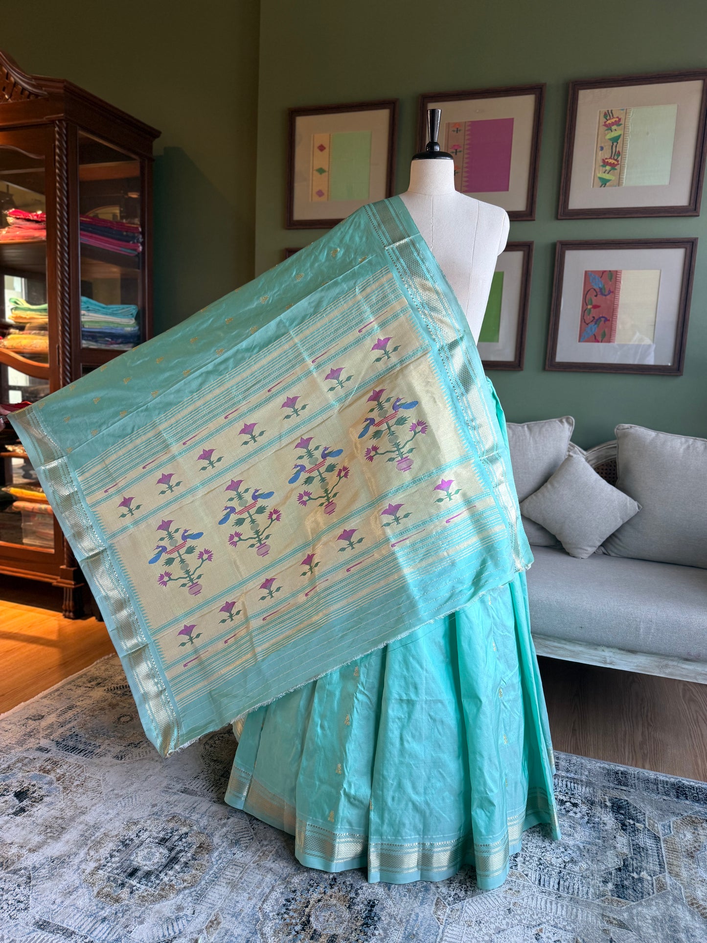 Light Blue Paithani with Peacock & Asavali Pallu