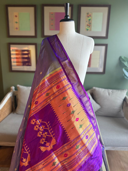 Purple Paithani with Contrast Border and Gold Asavali Pallu