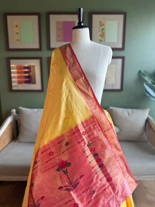 Yellow Paithani with Contrast Border and Mini Lotus Pallu