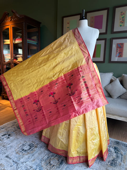 Light Yellow Paithani with Small Lotus Pallu