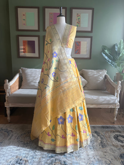 Mango Yellow Cotton Paithani with Muniya Border and All Over Floral Design
