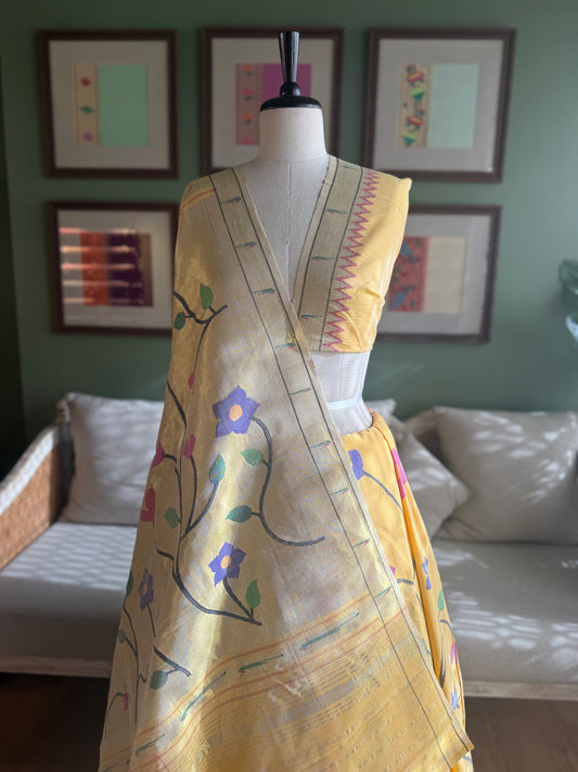 Mango Yellow Cotton Paithani with Muniya Border and All Over Floral Design