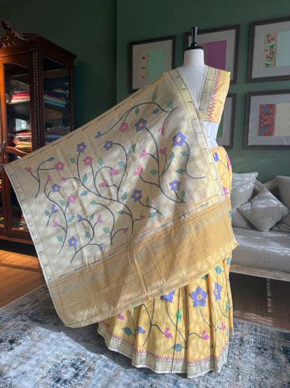 Mango Yellow Cotton Paithani with Muniya Border and All Over Floral Design