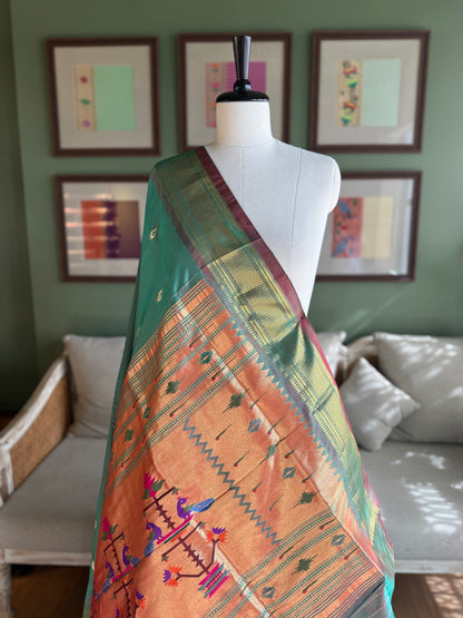 Maroon x Green Paithani with Peacock Pallu
