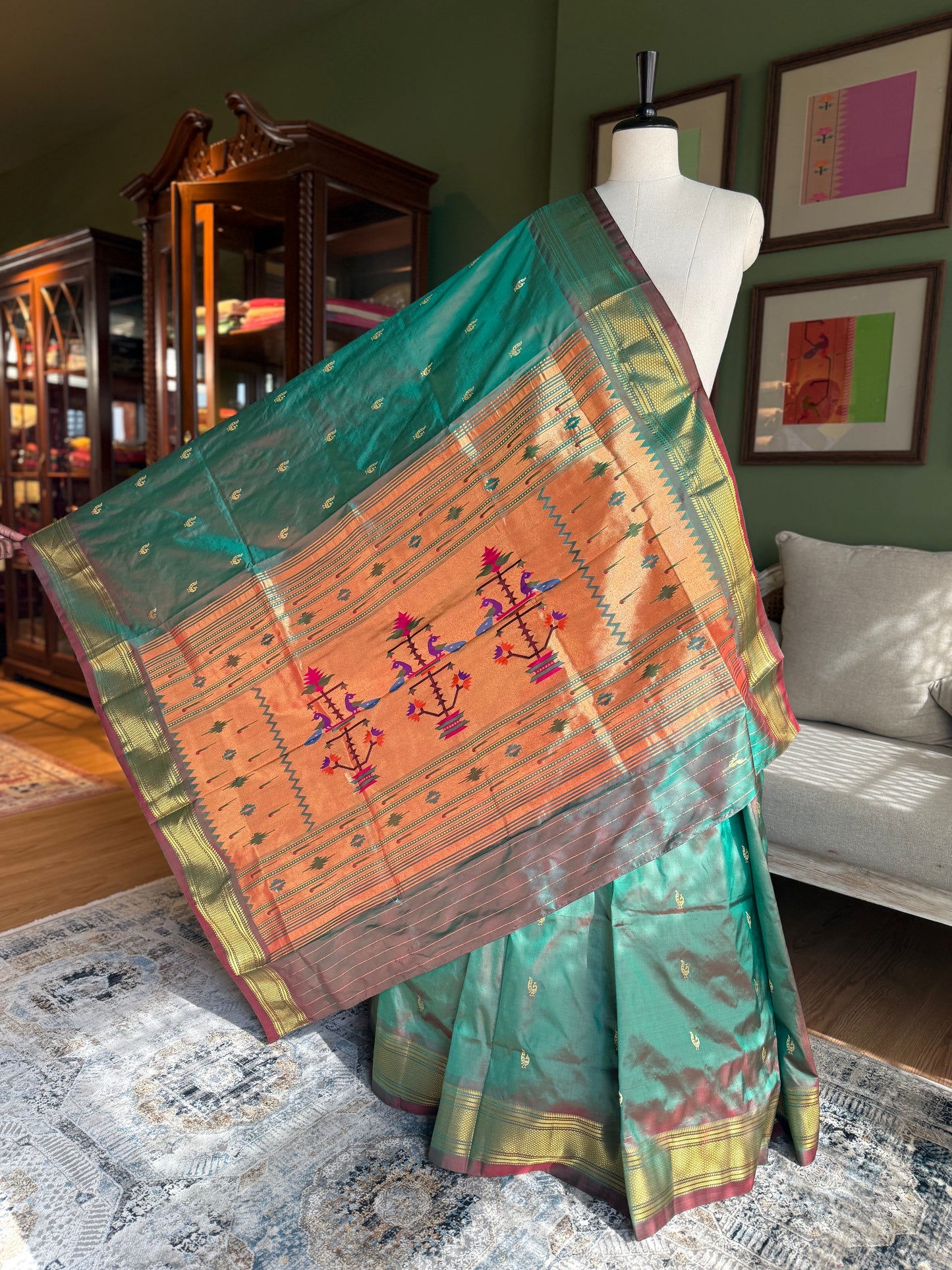 Maroon x Green Paithani with Peacock Pallu