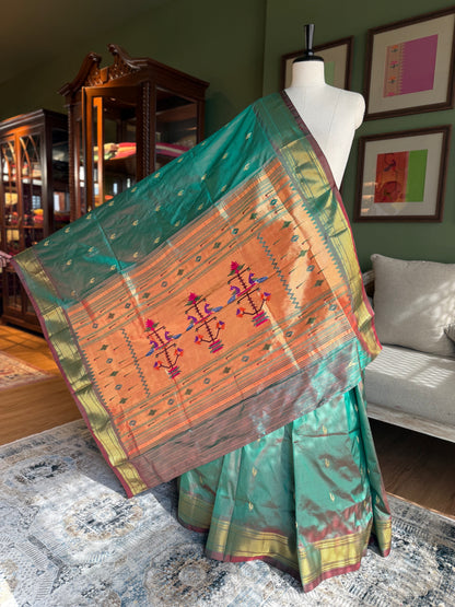 Maroon x Green Paithani with Peacock Pallu