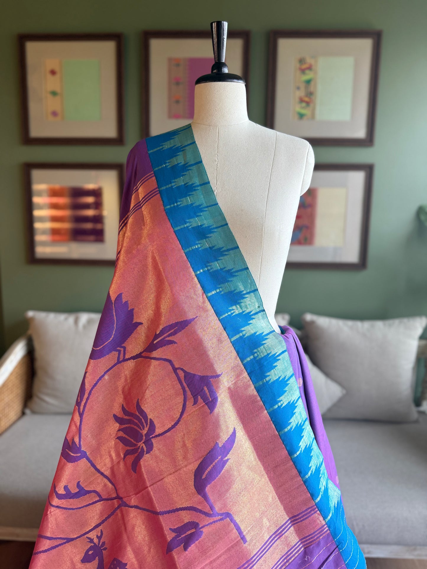 Purple-Blue Paithani with Panja Border & Monotone Pallu
