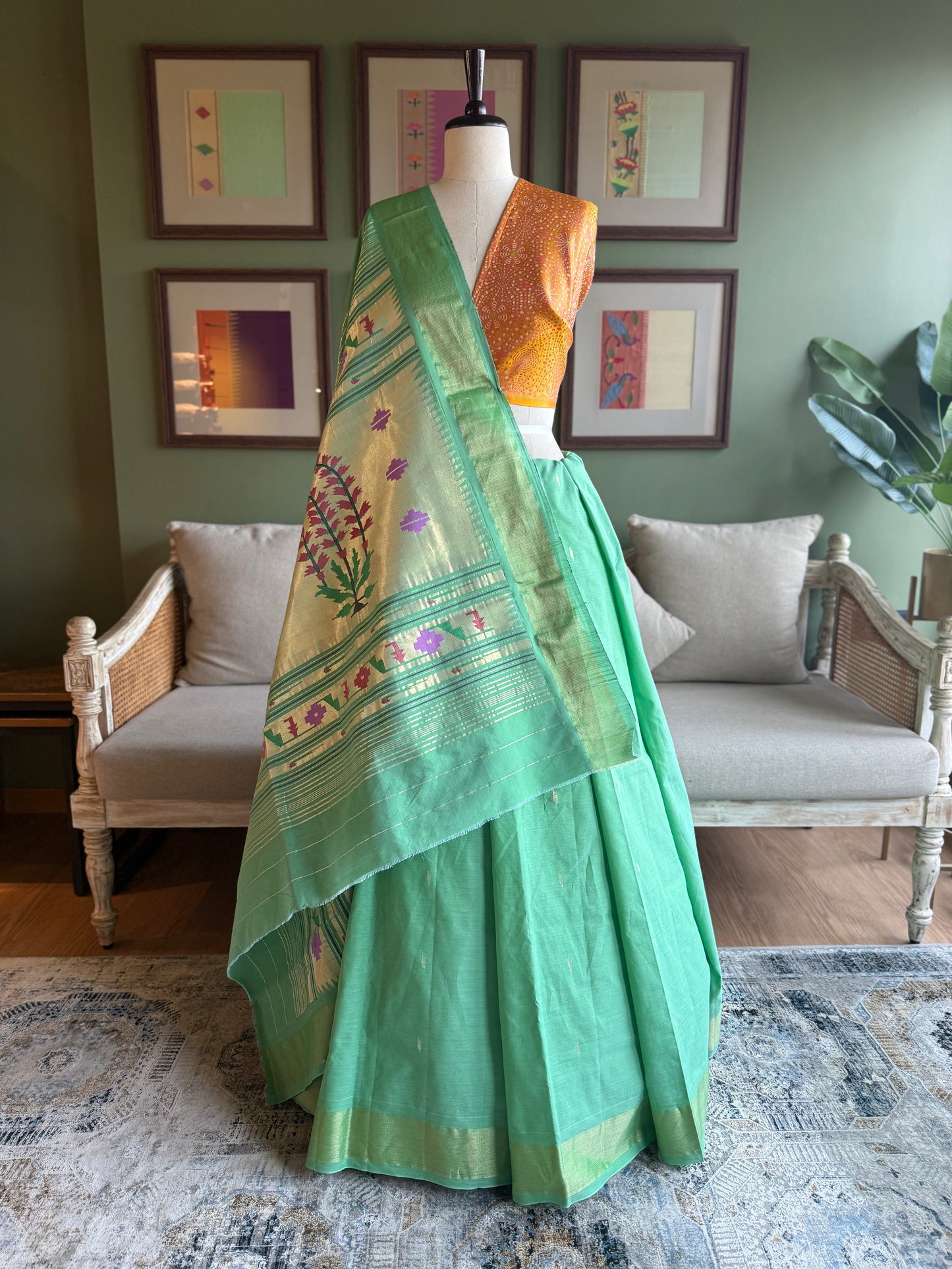 Light Green Cotton Paithani with Floral Pallu