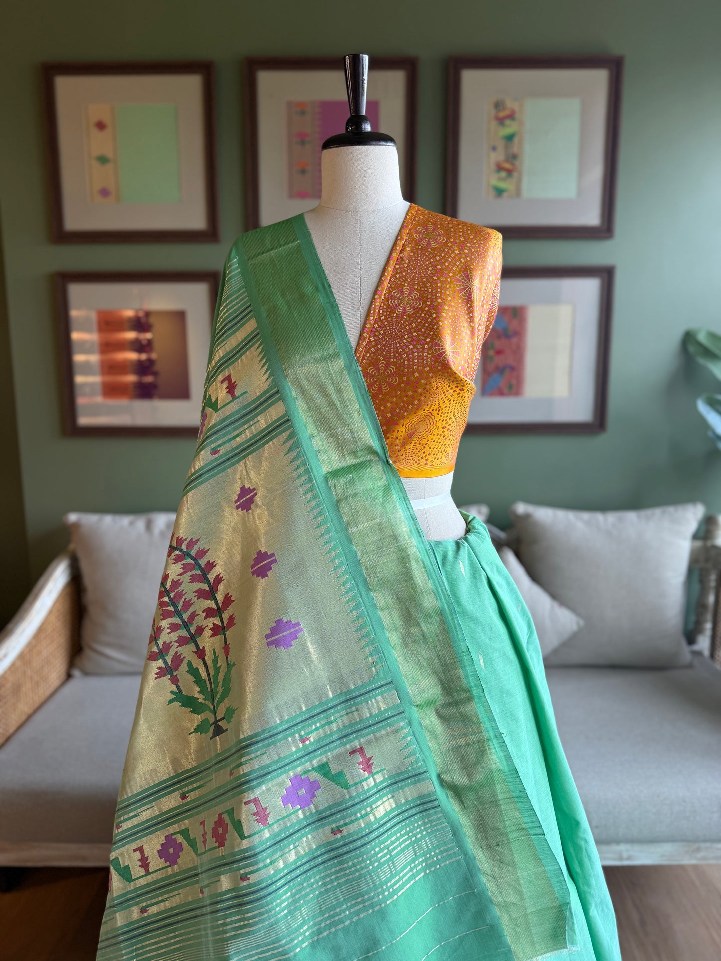 Light Green Cotton Paithani with Floral Pallu
