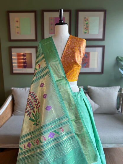 Light Green Cotton Paithani with Floral Pallu