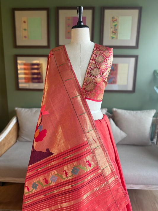 Red Cotton Paithani with Parrot Pallu