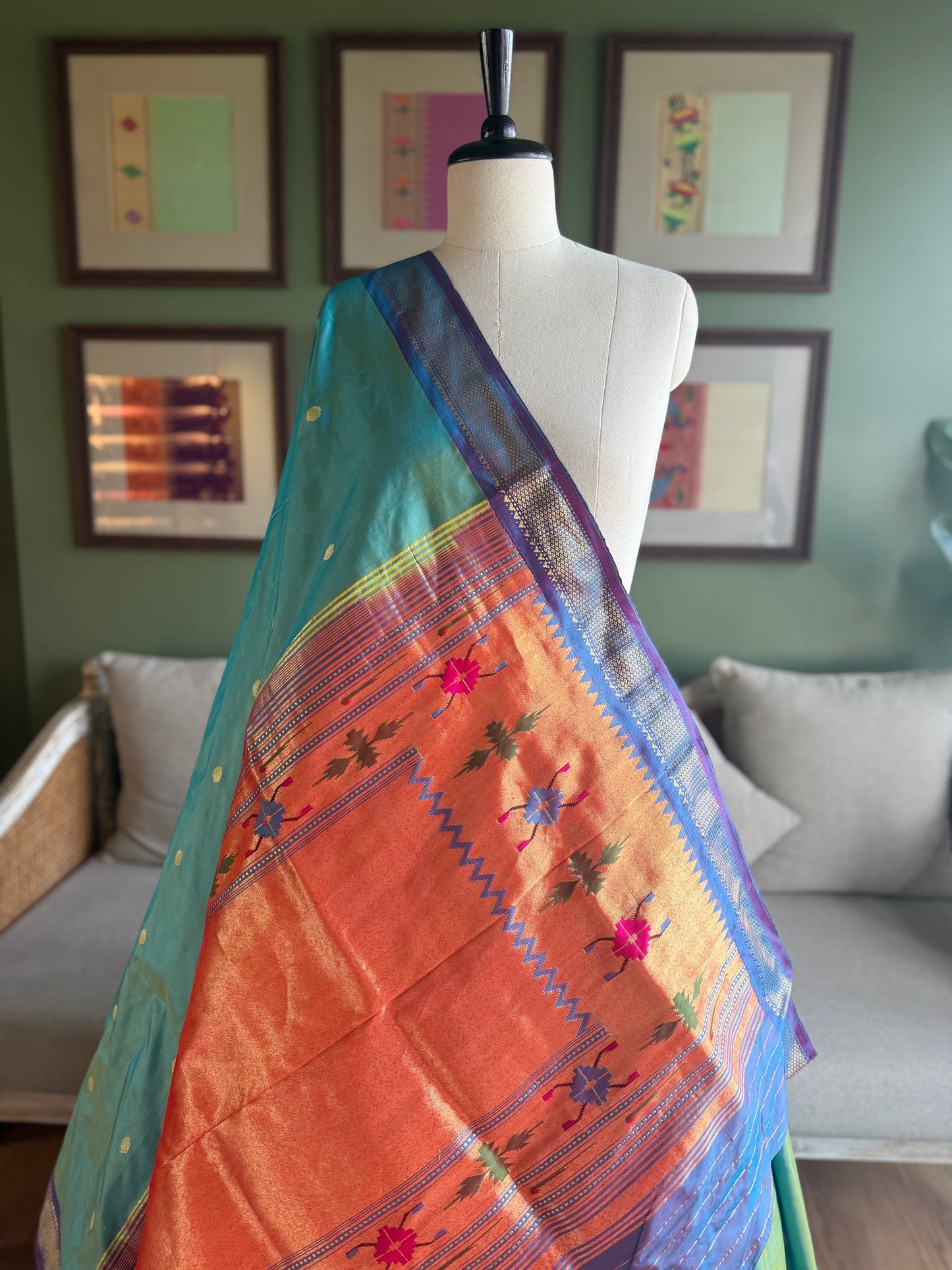 Aquamarine Paithani with Contrast Border and Tava Pallu