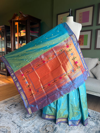 Aquamarine Paithani with Contrast Border and Tava Pallu