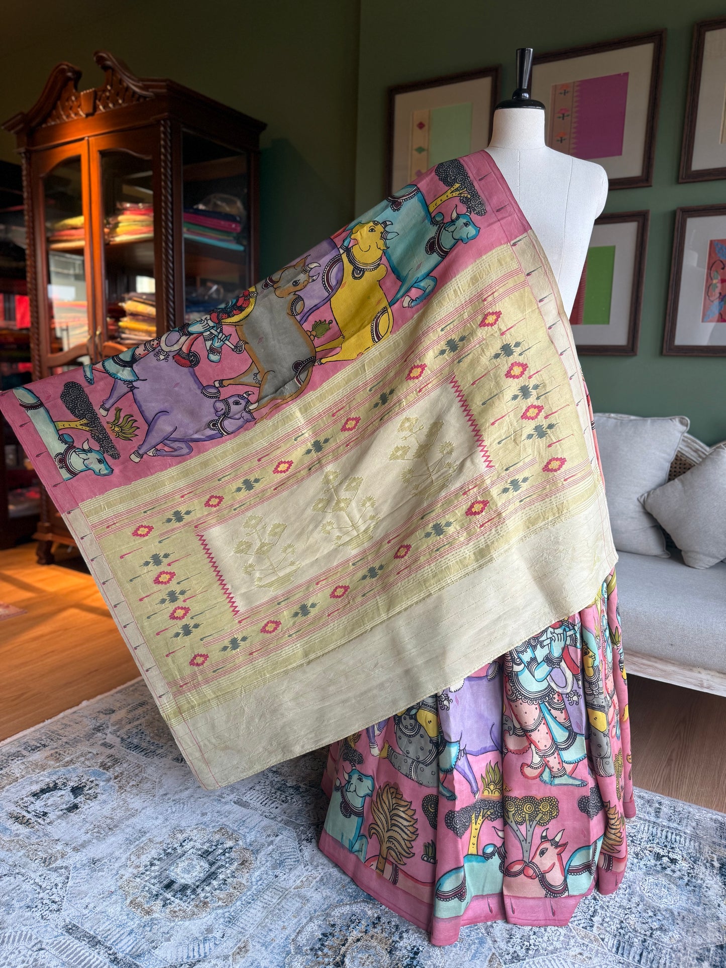 Pink Kalamkari x Paithani with Pichwai Motifs and Asavali Pallu