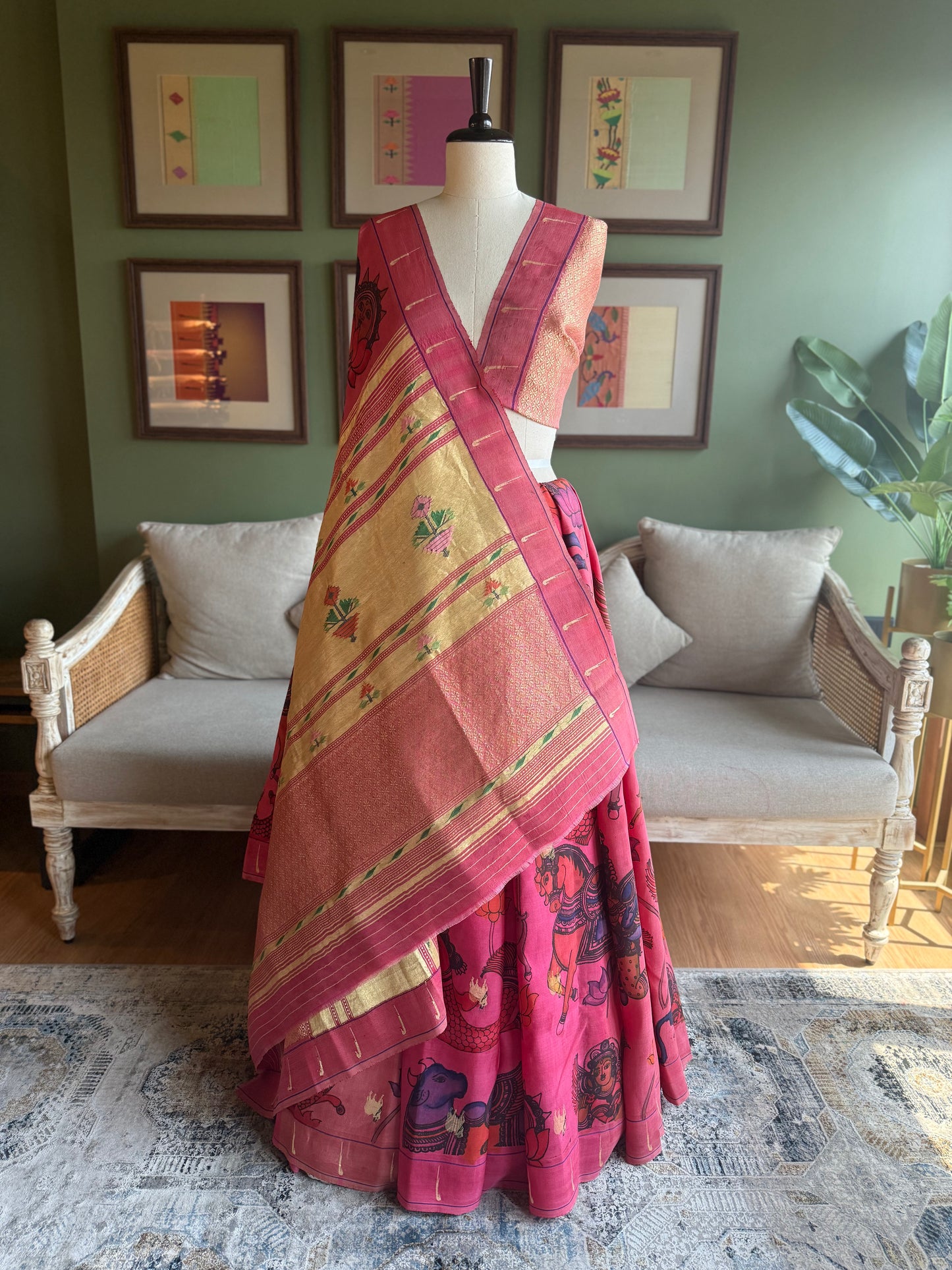 Pink Kalamkari x Paithani with Pichwai Motifs and Antique Pallu
