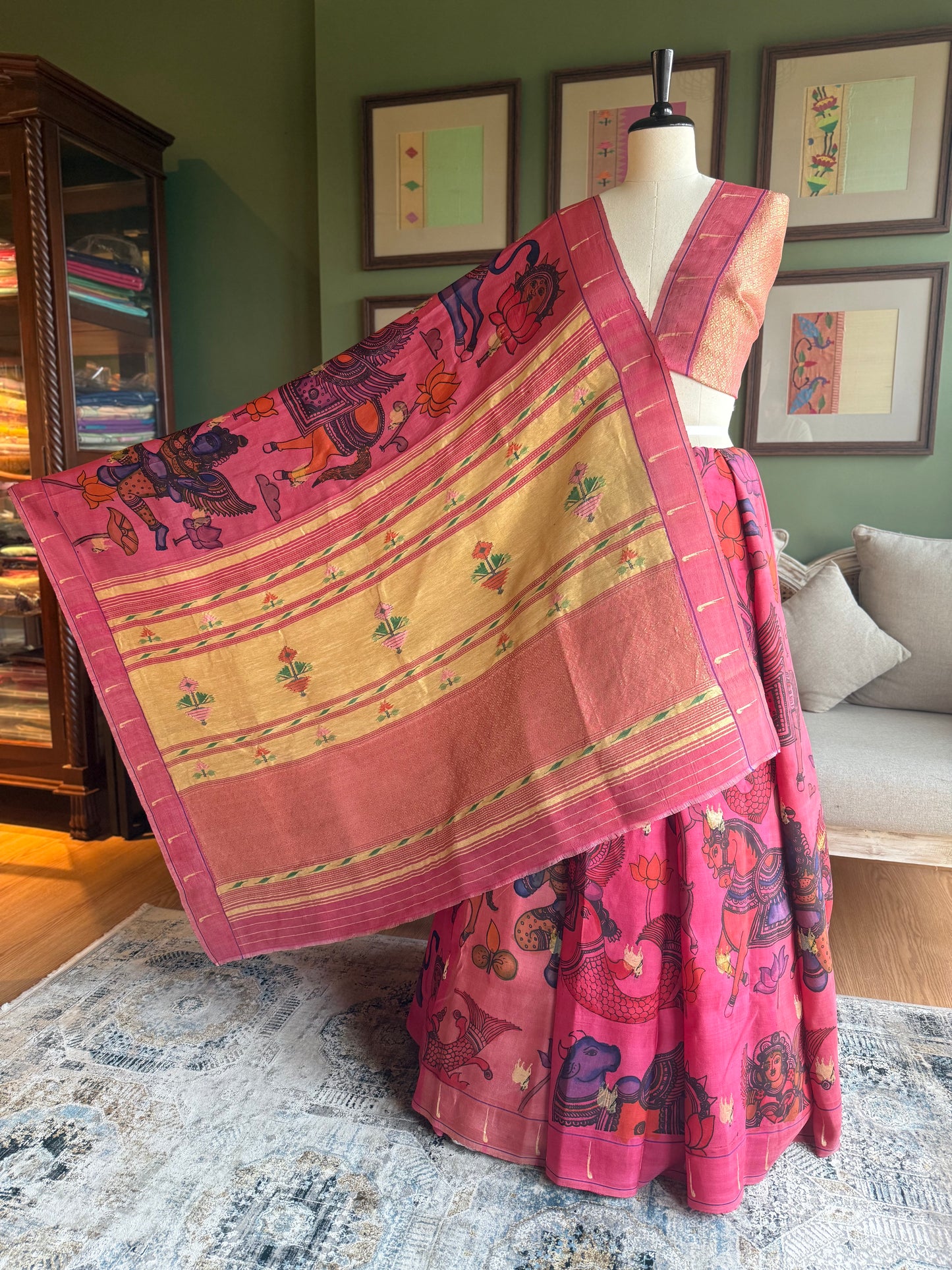 Pink Kalamkari x Paithani with Pichwai Motifs and Antique Pallu