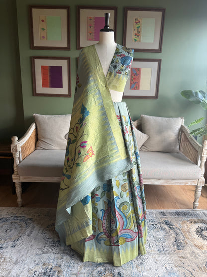 Blue-Grey Kalamkari x Paithani with Panja Border and Peacock Pallu