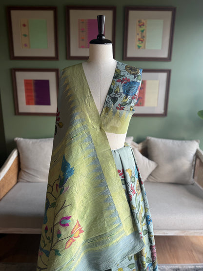 Blue-Grey Kalamkari x Paithani with Panja Border and Peacock Pallu
