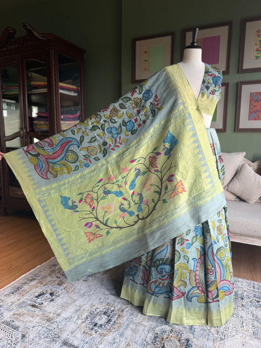 Blue-Grey Kalamkari x Paithani with Panja Border and Peacock Pallu