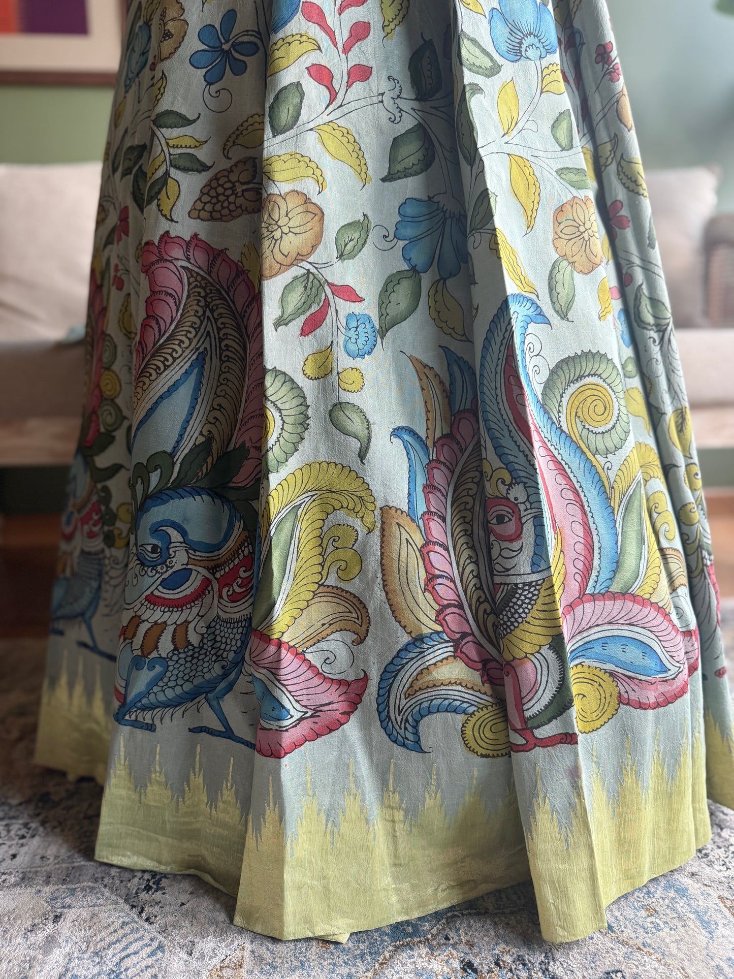 Blue-Grey Kalamkari x Paithani with Panja Border and Peacock Pallu