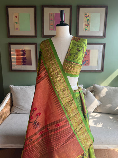 Green Kalamkari x Paithani with Asavali Pallu