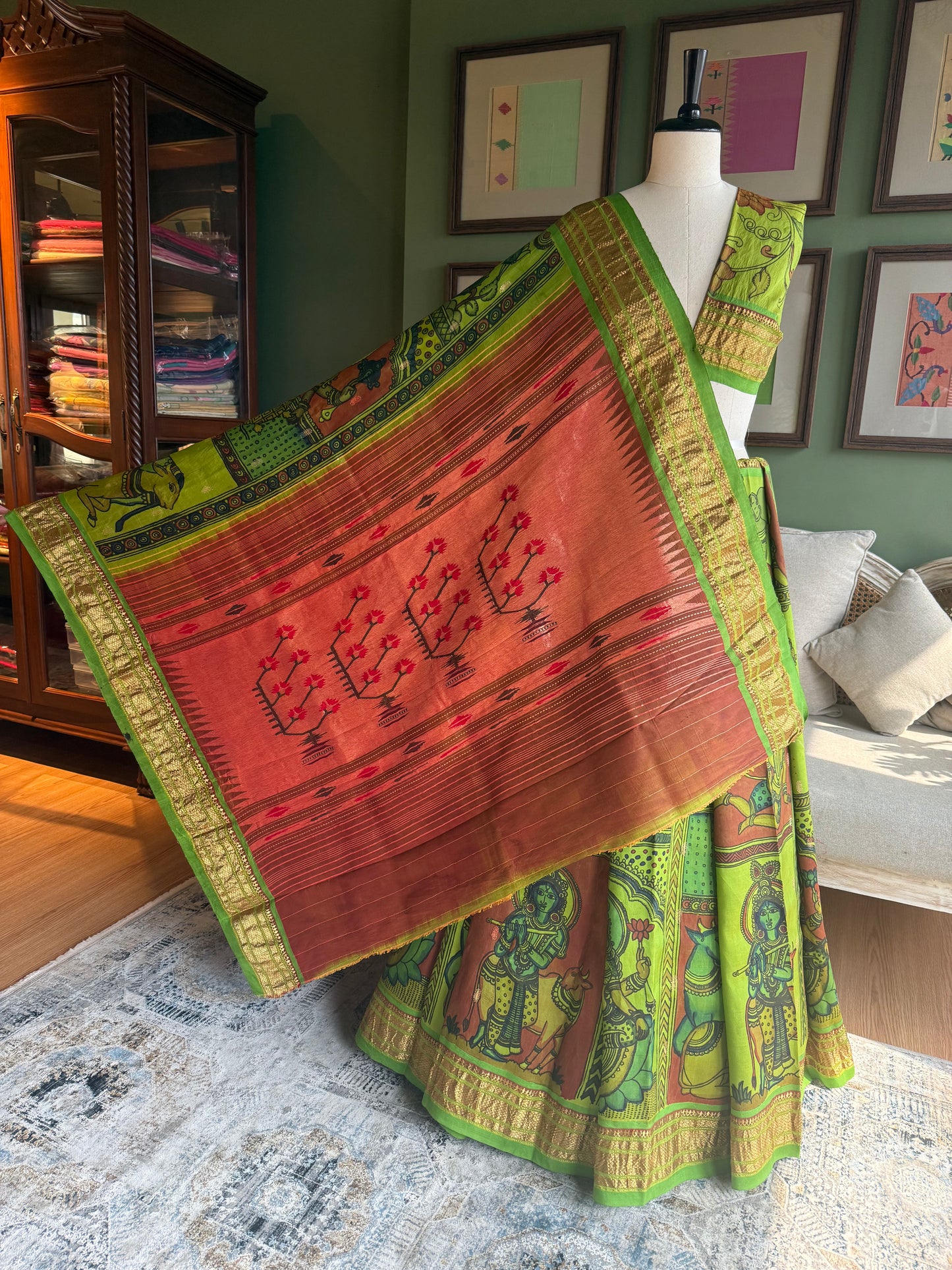 Green Kalamkari x Paithani with Asavali Pallu