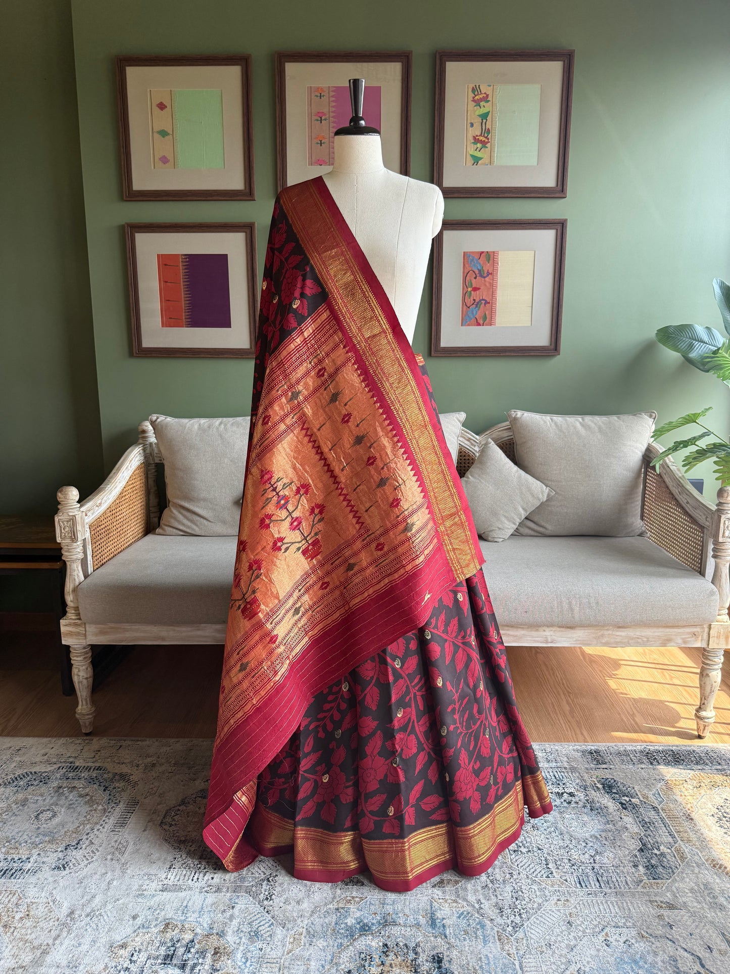 Red and Black Kalamkari x Paithani with Asavali Pallu
