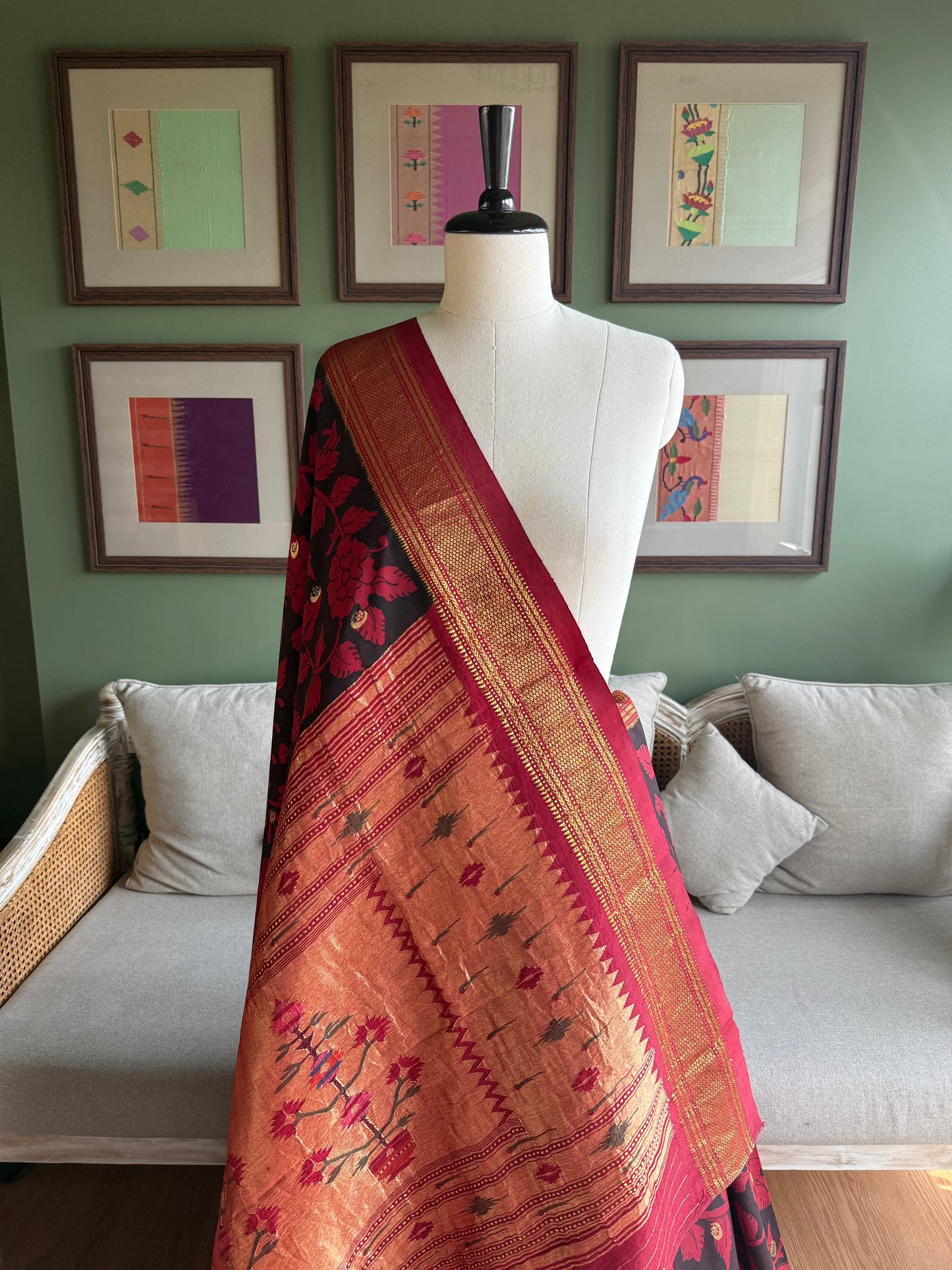 Red and Black Kalamkari x Paithani with Asavali Pallu