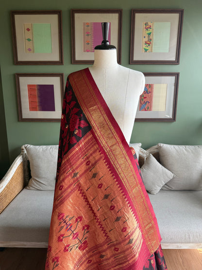 Red and Black Kalamkari x Paithani with Asavali Pallu