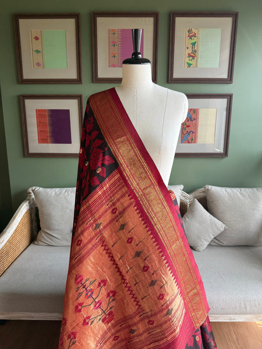Red and Black Kalamkari x Paithani with Asavali Pallu