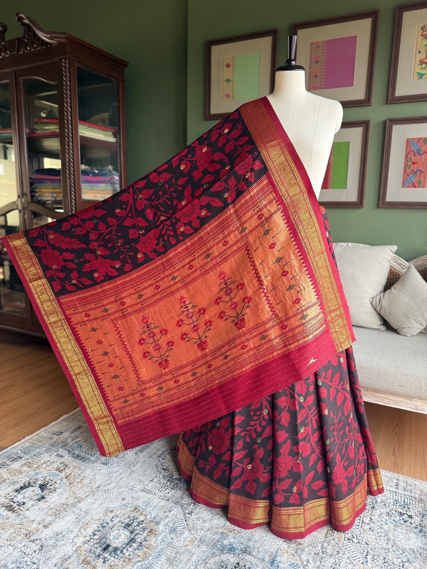 Red and Black Kalamkari x Paithani with Asavali Pallu