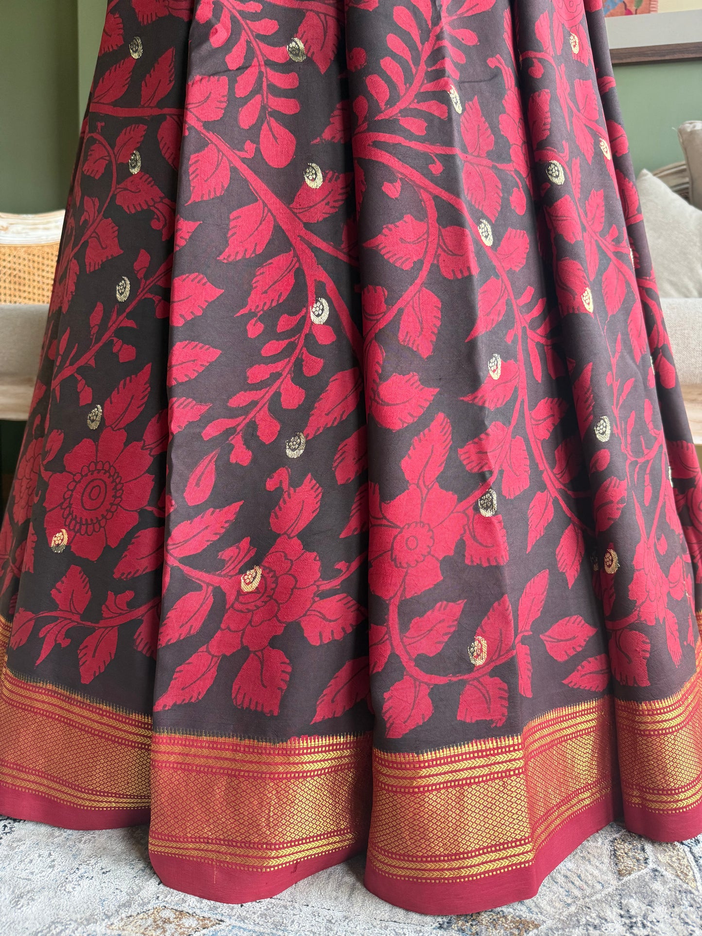 Red and Black Kalamkari x Paithani with Asavali Pallu