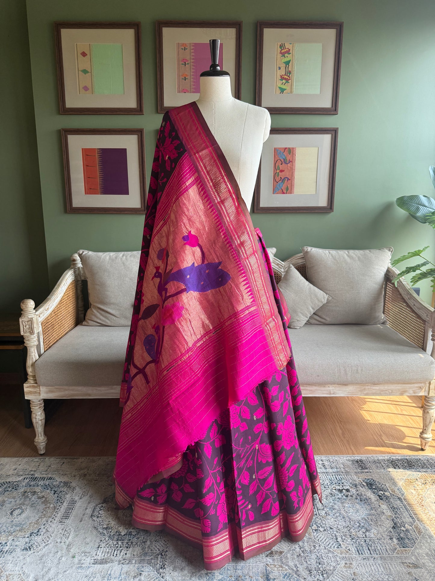 Pink and Black Kalamkari x Paithani with Peacock Pallu