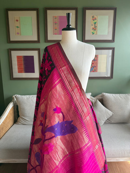 Pink and Black Kalamkari x Paithani with Peacock Pallu