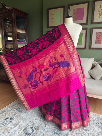 Pink and Black Kalamkari x Paithani with Peacock Pallu