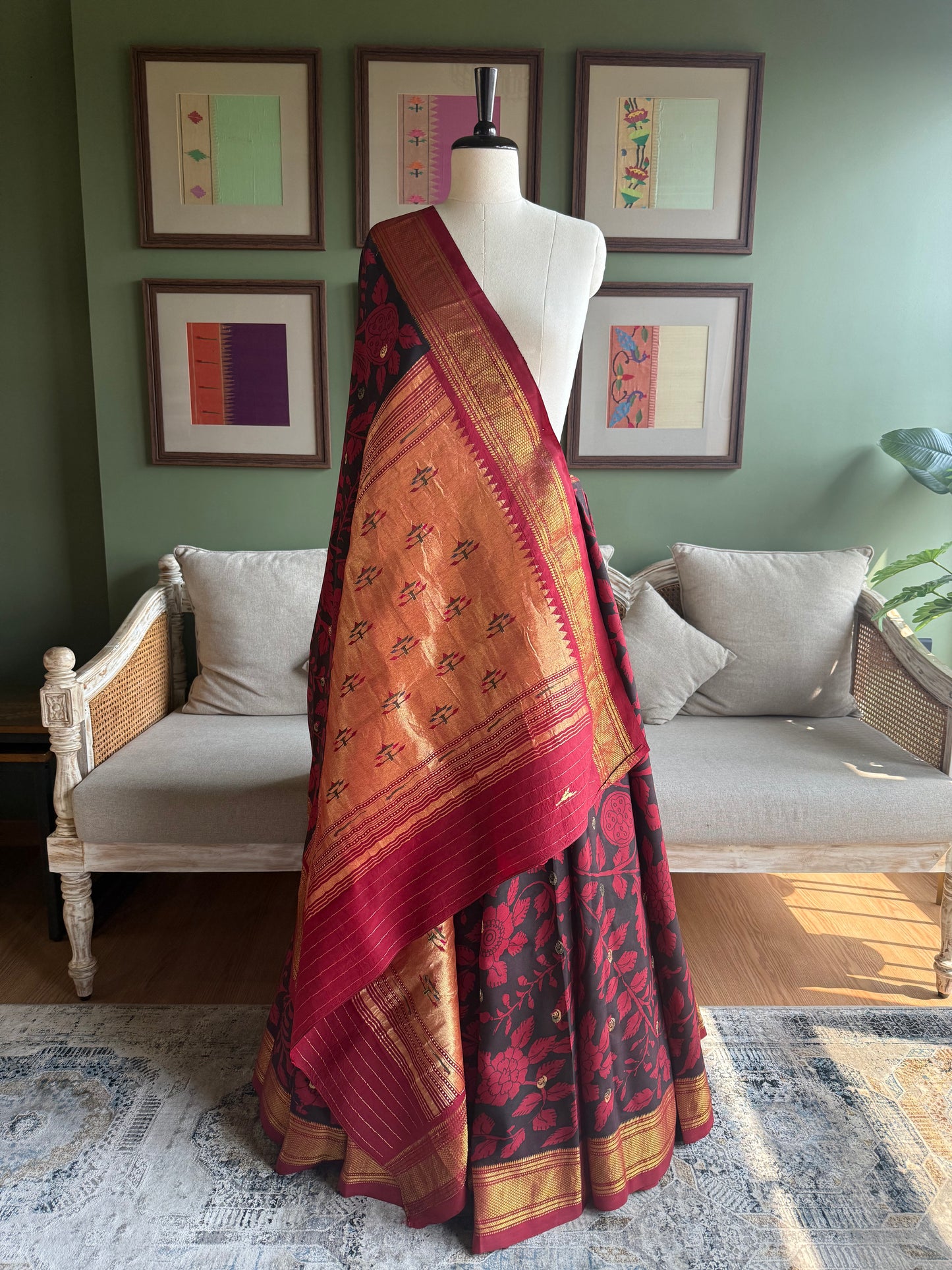 Red and Black Kalamkari x Paithani with Asavali Butti Pallu