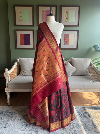 Red and Black Kalamkari x Paithani with Asavali Butti Pallu