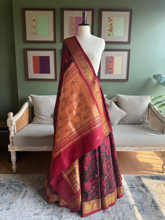 Red and Black Kalamkari x Paithani with Asavali Butti Pallu