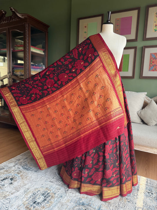 Red and Black Kalamkari x Paithani with Asavali Butti Pallu