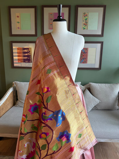 Burnt Rose Paithani with Muniya Border & Peacock/Swan Pallu